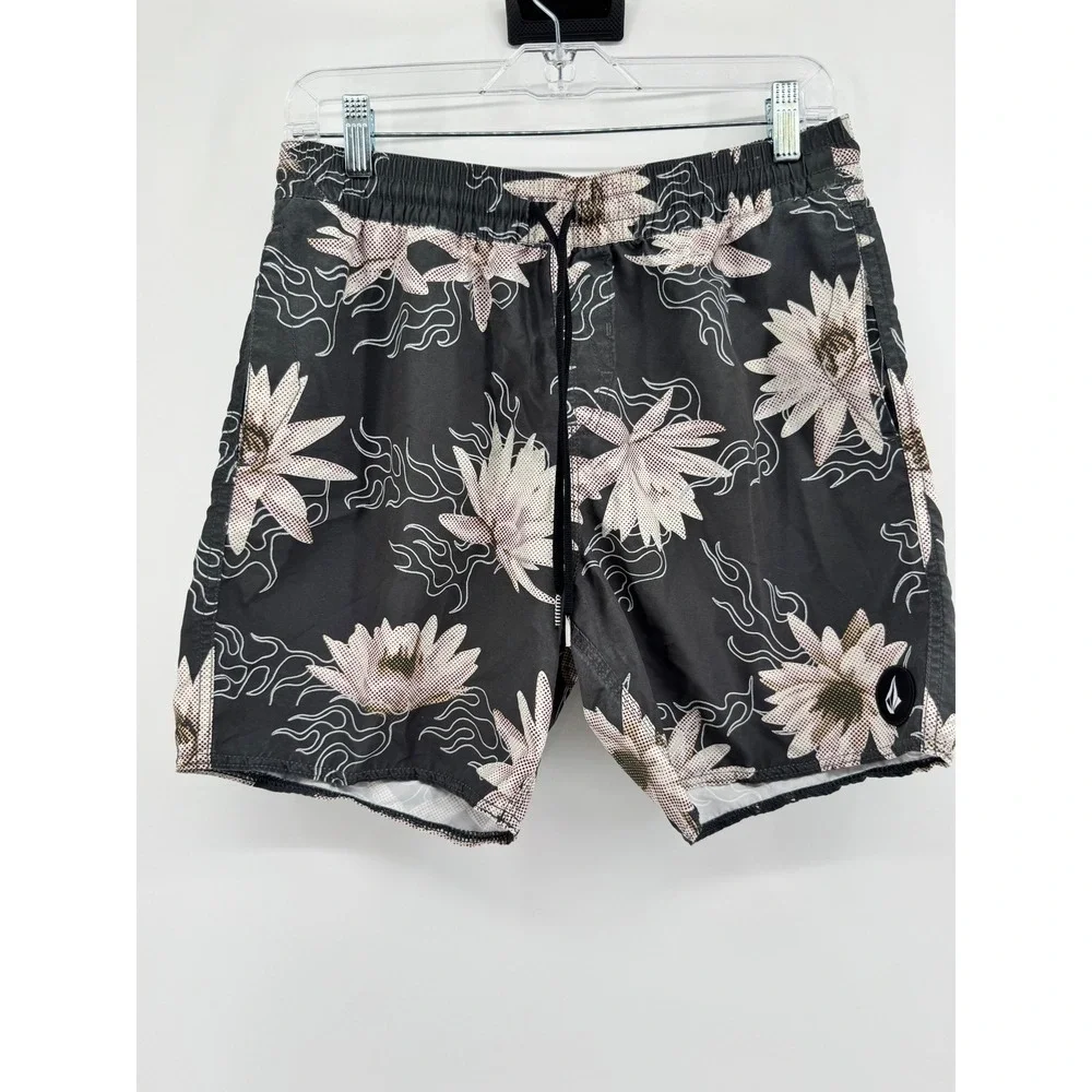 Volcom Mens Floral Flame Board Shorts Black White Swim Trunks Size S